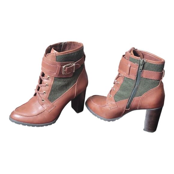 Antonio Melani Garnett Brown Green Leather Lace Up Buckle Zip Heel Boots US 7.5M - Picture 3 of 10